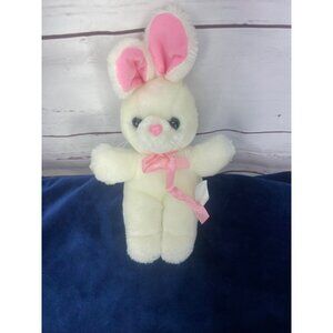 Vintage White Bunny‎ Pink Ears Bow 10 Inch Stuffed Plush Animal